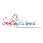 Logo for "Small Steps in Speech" with “Small” in red cursive, “Steps in Speech” in blue script, a faint footprint, and the tagline “Helping children communicate one Small Step at a time.” Ideal for autism services near Montgomery County PA.