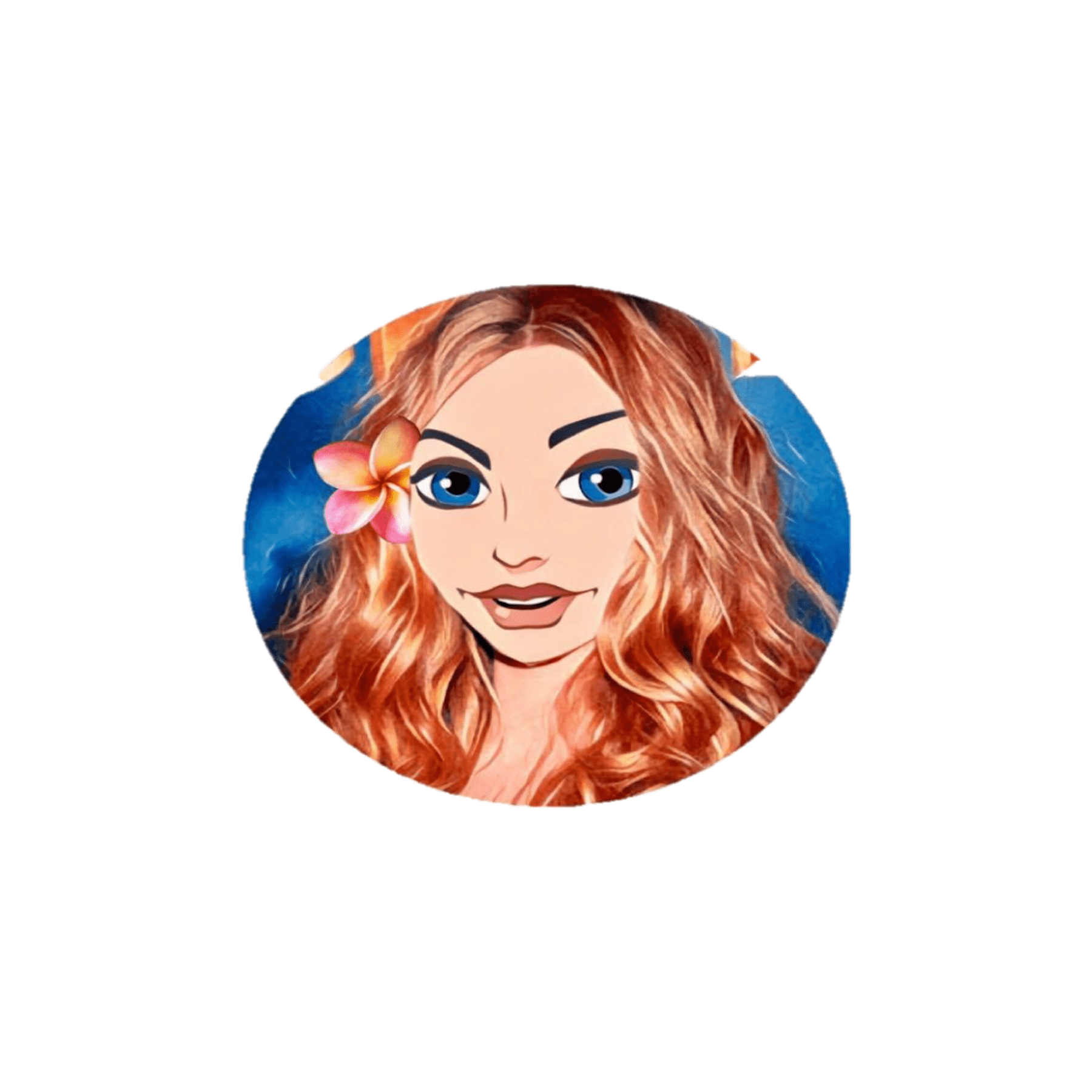 Illustration of a smiling woman with long wavy red hair, bright blue eyes, and a pink flower tucked behind her ear, set against a blue background—ideal for promoting autism therapy near Chester County PA or autism services near Montgomery County PA.