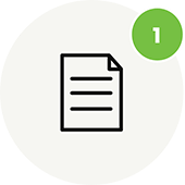 A simple icon of a document with horizontal lines, inside a white circle. In the top right, there’s a green circle with the number 1 in white—ideal for representing first steps in autism therapy near Chester County PA.