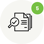 Black outline of documents and a magnifying glass with a check mark, on a light circle background. A green circle with the number 5 is in the upper right corner—ideal for ABA therapy near Philadelphia PA visuals.