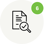 An icon of a document with text lines and a magnifying glass with a checkmark, inside a white circle. A green circle with the number 6 is in the top right corner, representing ABA therapy near Philadelphia PA.