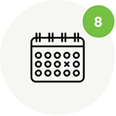 Icon of a calendar with circles marking days and a large 'X' on one date. A green circle with the number 8 is in the top right corner, representing scheduling for autism therapy near Chester County PA.