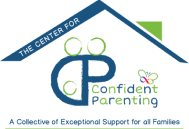 Logo for "The Center for Confident Parenting" featuring a stylized house roof, abstract parent and child figures, a butterfly, and the tagline "A Collective of Exceptional Support for all Families," including autism therapy near Chester County PA.