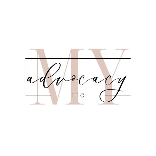 Logo with large, light pink letters "MY" in the background. Overlaid is a rectangular outline containing "advocacy LLC" in black cursive and small uppercase print fonts. Ideal for autism services near Montgomery County PA. White background.
